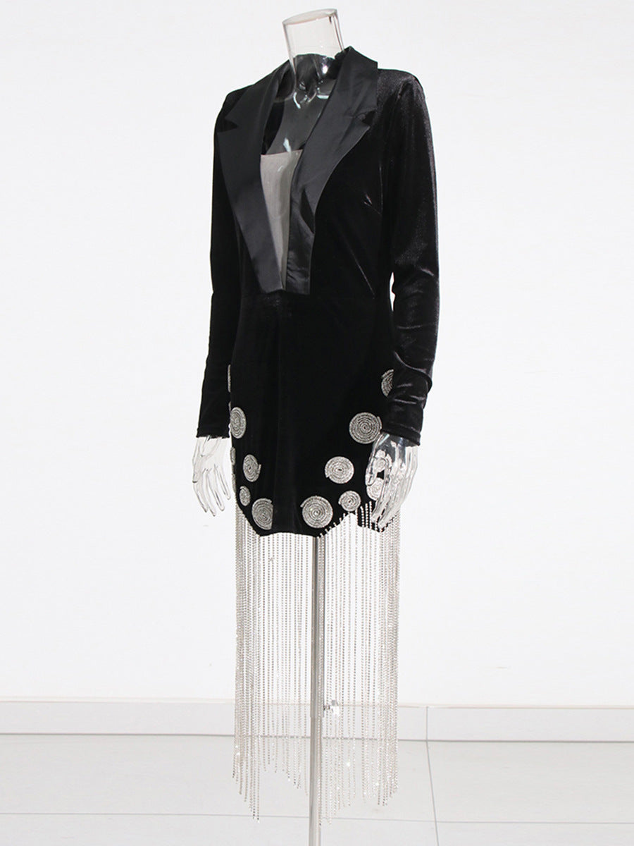 Sexy Suit Dress Women's Dress 2025 Spring New Heavy Industry Diamond Tud Escrow Splicing Long Sleeve Dress