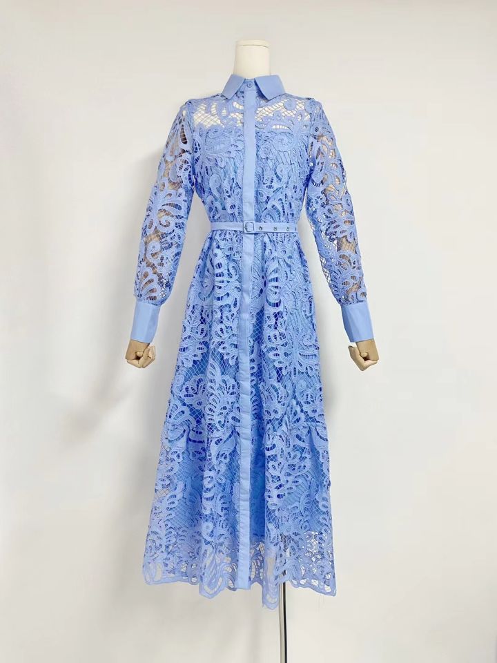 2024 Australian Fashion Elegant Collar Lantern Sleeve With Belt Embroidered Air Dress Dress