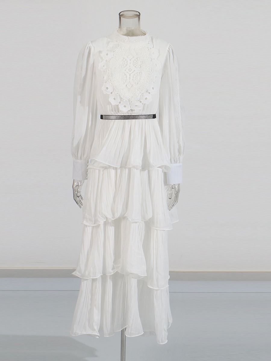 Lotus Leaf-Side Dress Spring 2025 New Temperament Elegant Embroidered Design Belt Long-Sleeved Dress