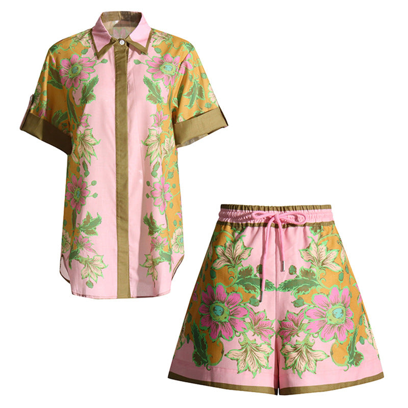 Casual Suit Women 2025 Spring New Printed Short-Sleeved Shirt + High-Waisted Broad Leg Pants Two Sets