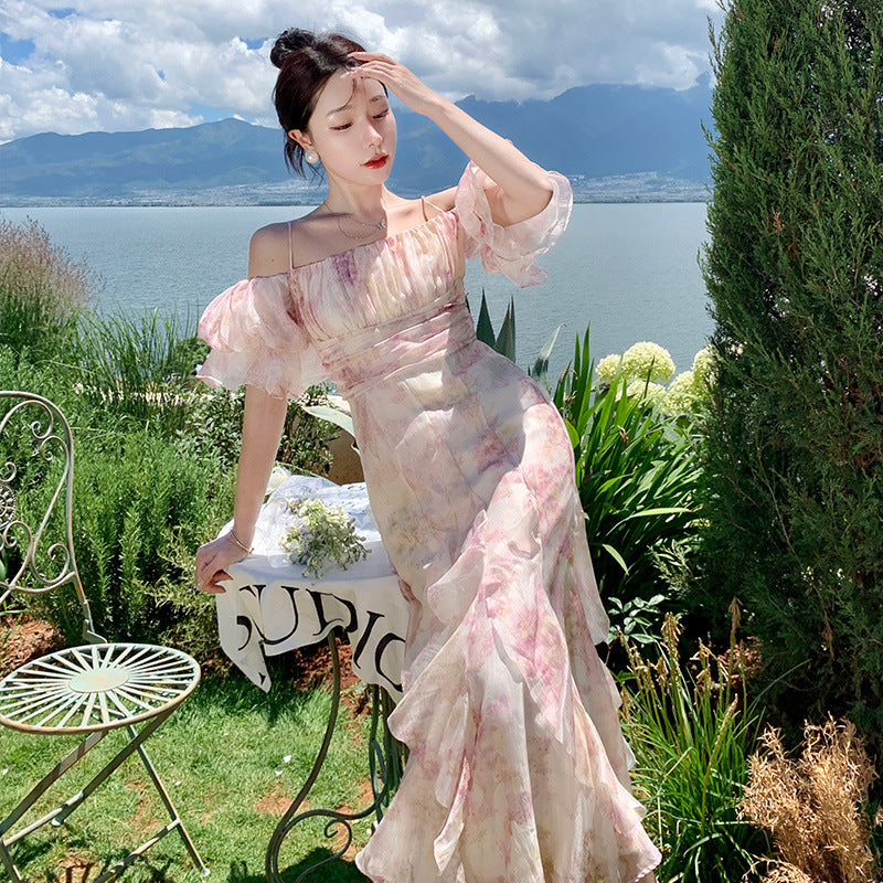 Bubble Sleeve Chiffon Flower Hanging Dress Women Summer Seaside Holiday Super Fairy Long Dress