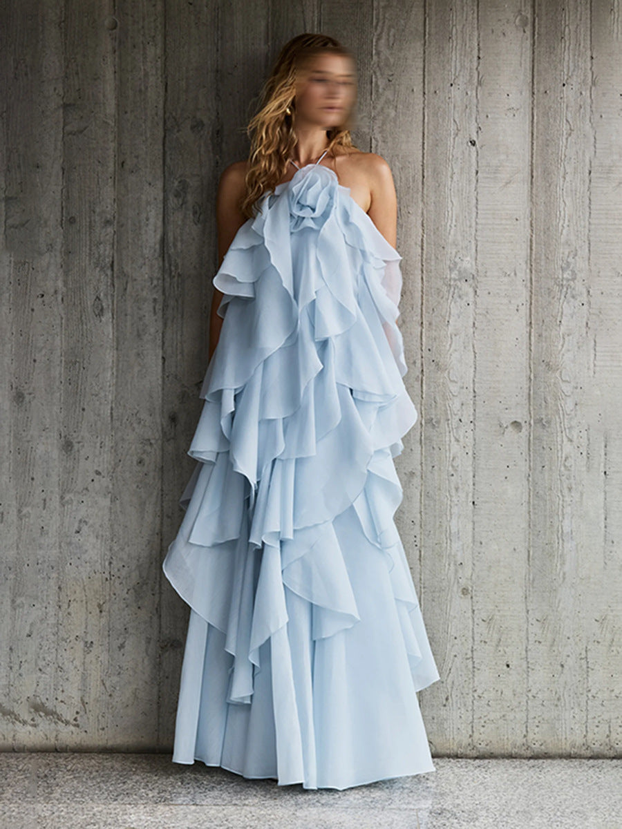 Holiday Wind Beach Beach Sling Skirt 2025 Summer New Hanging Neck Sleeveless Leaves Side Solid Dress