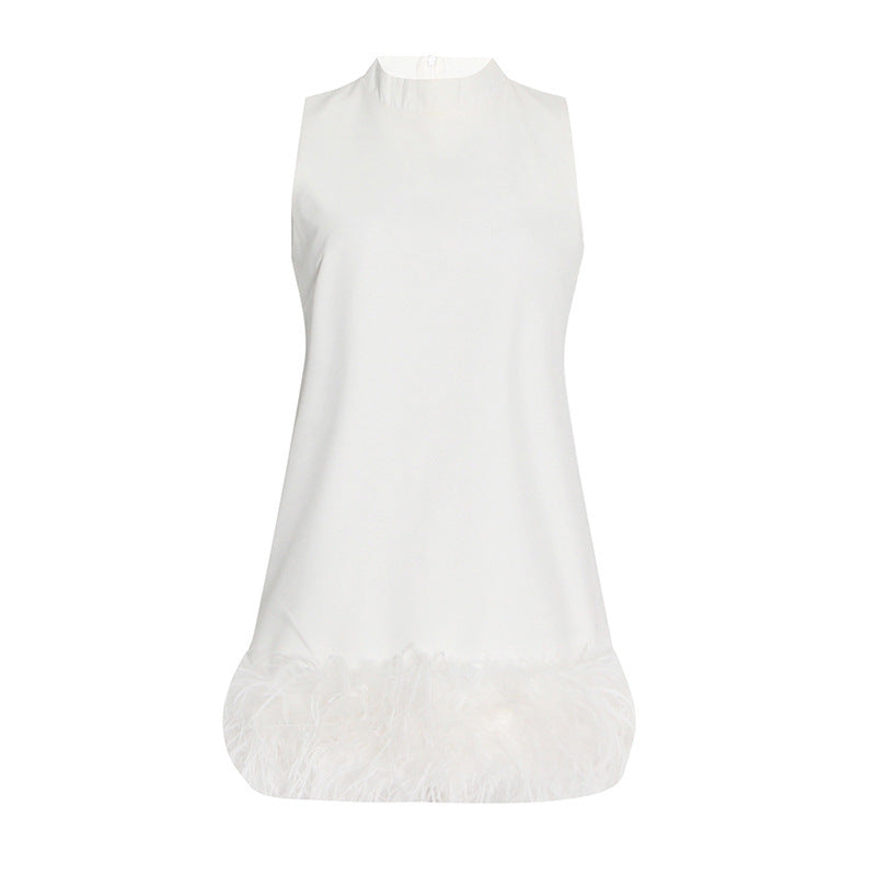 Version Of The Simple Name Wind 2025 Summer Round Collar Sleeveless Short Female Solid Color Hem Ostrich Hair Splicing Dress