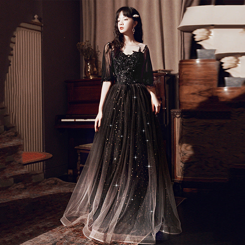 Dress Women 2025 New Banquet Temperament Art Exam Black Annual Banquet Dress Birthday Party Dress