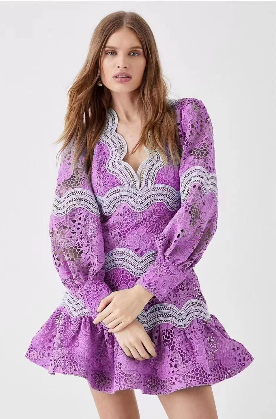 Autumn New V-Neck Lantern Sleeve Splicing Hollow Design Short Dress Woman