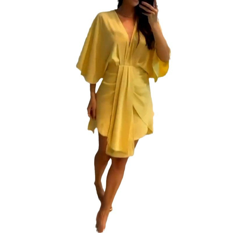 Summer New Women's Fashion V-Neck Simple Irregular Dress