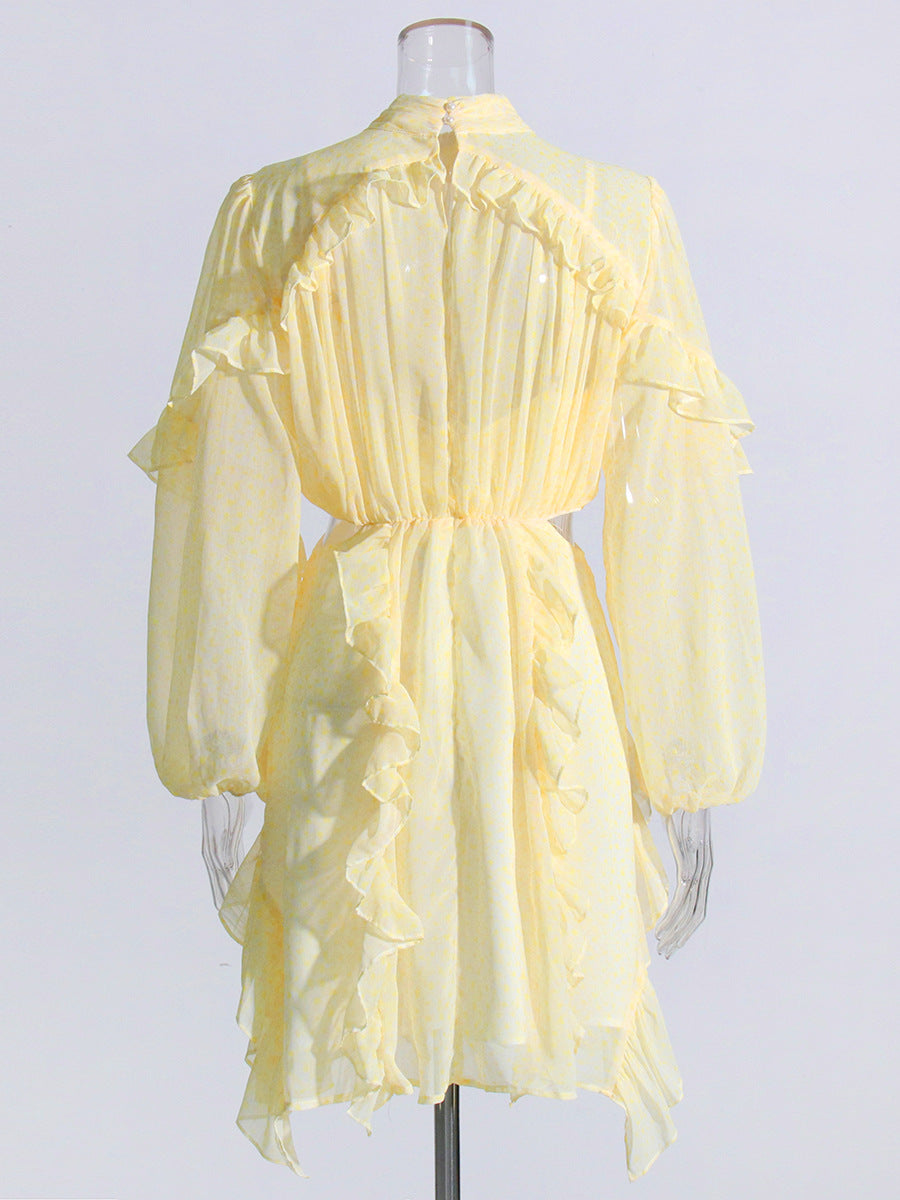 Retro Style 2025 Summer New Mesh Collar Long Sleeves Wood Ear Design Lumbar Short Dress Woman
