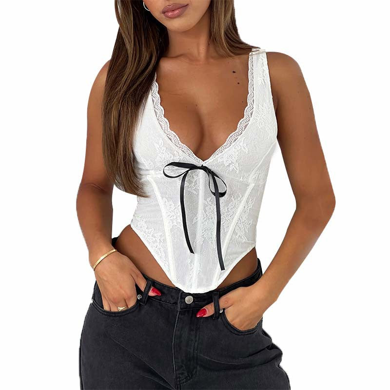 Summer New Lace V-Neck Bumped Ribbon Belt Belt Sling Vest Top DJPT