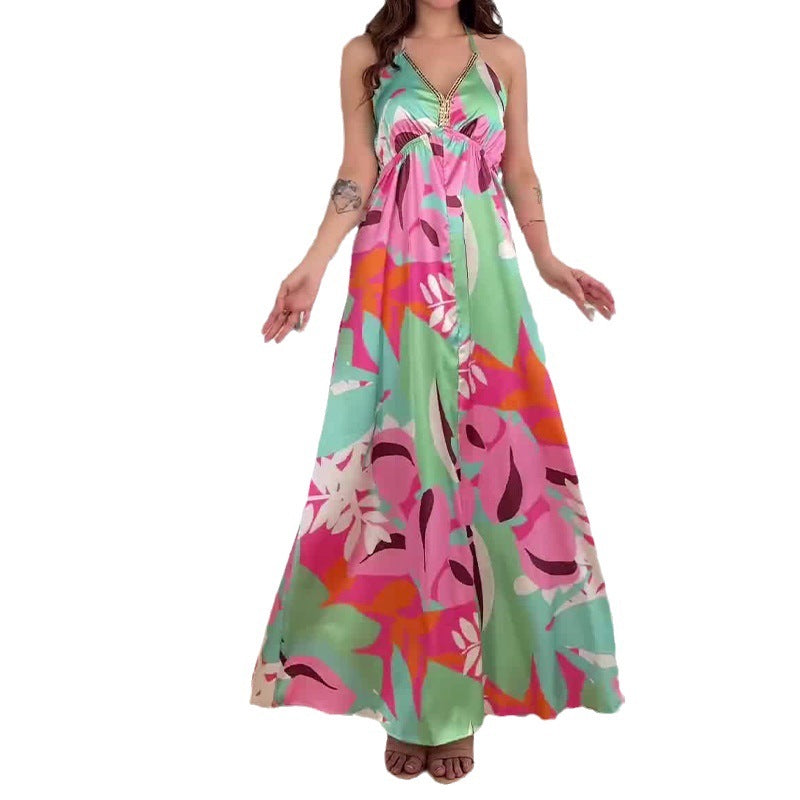 2024 Hanging Neck With Broken Floral Dress High-Waisted Luxury Sexy Dress