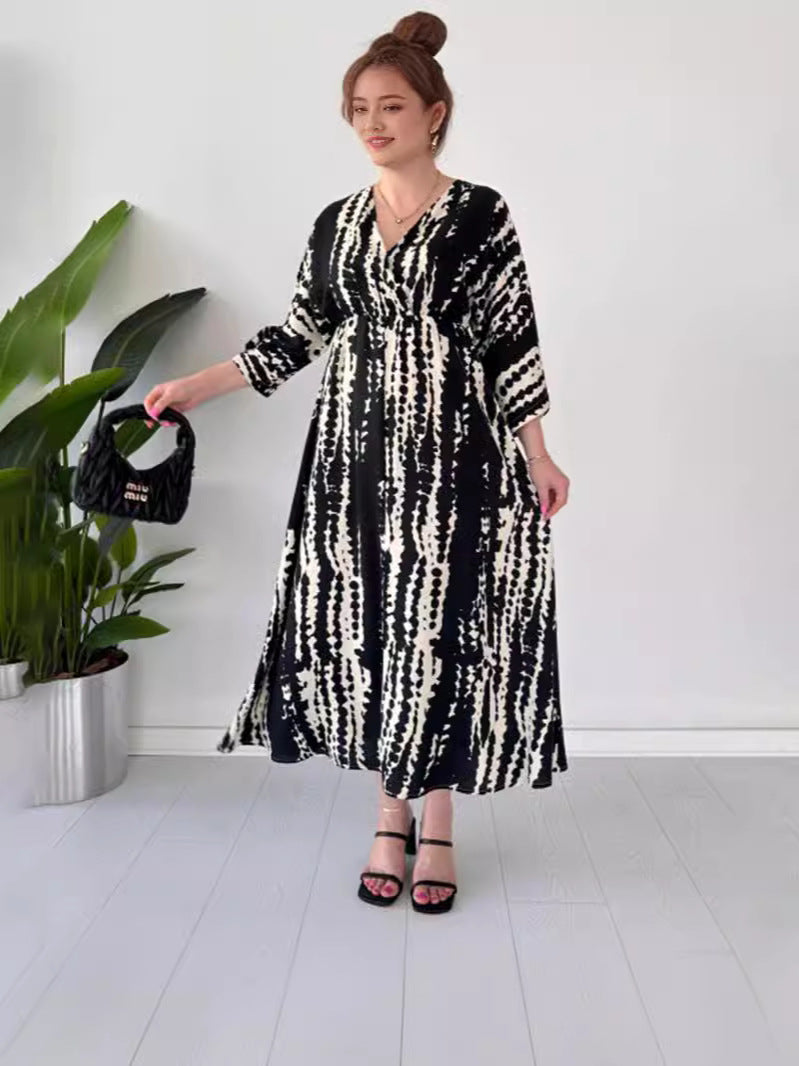 Fashion Prints In The Summer Of 2024 V-Neck Vacation Comfort Loose Dress