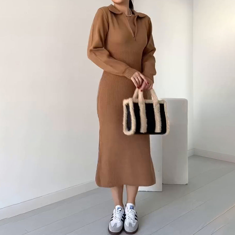 Women's Clothing 2024 Autumn New POPL Collar Zipper Long-Sleeved Ass Dress Women