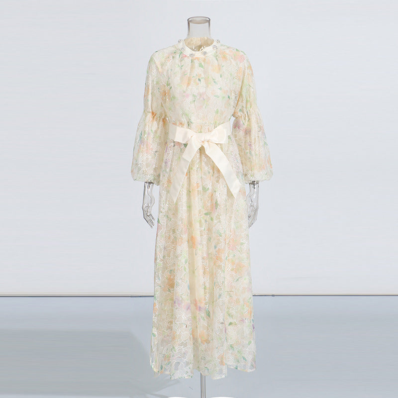 Retro Wind Collared Diamond Splicing Dress 2025 New Women's Summer Lace Yarn Dress