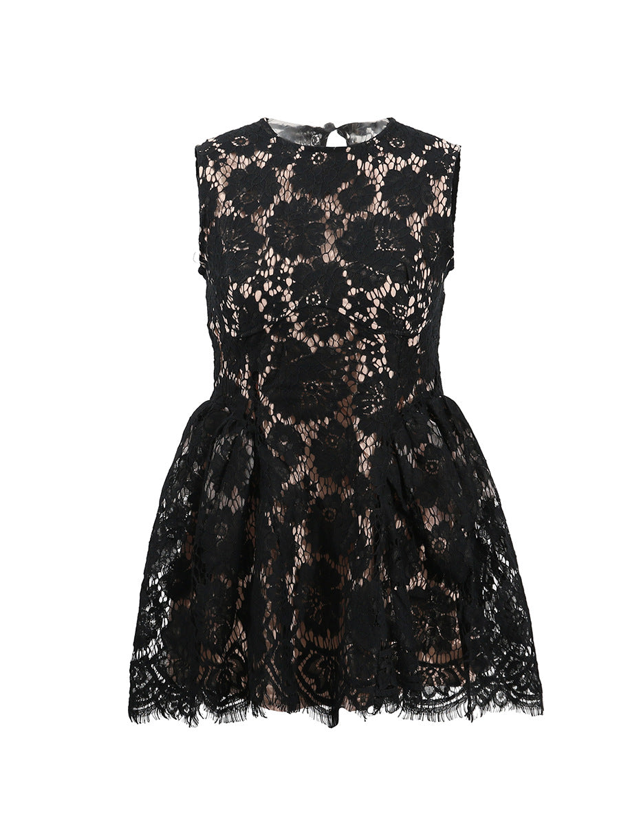 Elegant Style Lace Flower Sleeveless Short Dress 2025 New Round Neck Waist High-Waisted Dress Women's Summer