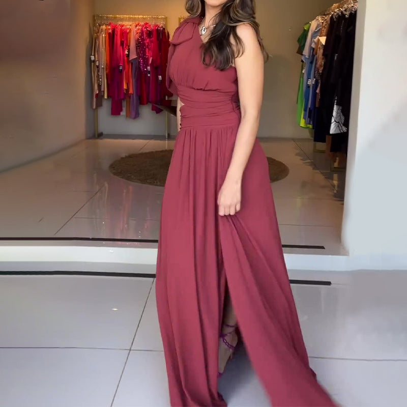 Summer Slanted Shoulder Sexy Dress High Waist-Rise Open Fork Dress