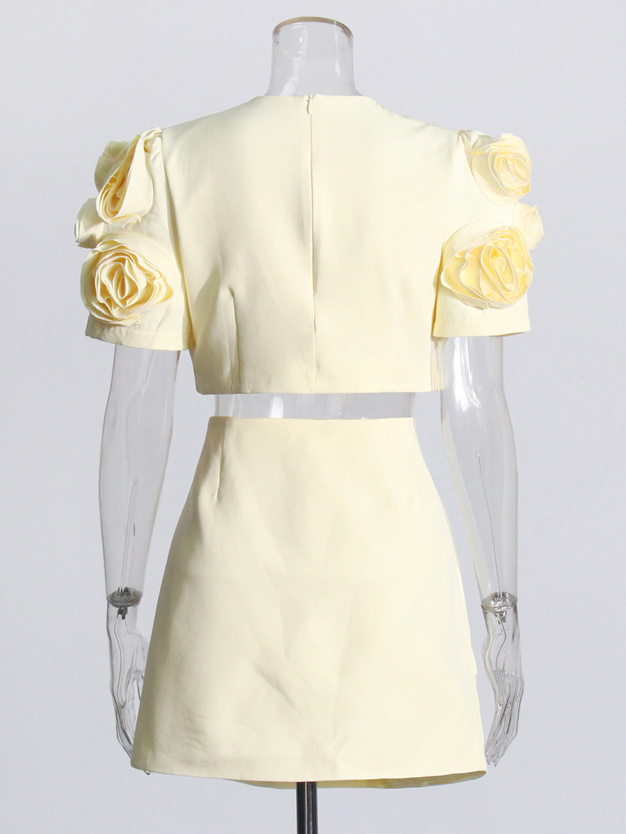Niche Spliced Rose Flower Set Women's Clothing 2025 New Bubble Sleeve Top High Waist Half Skirt