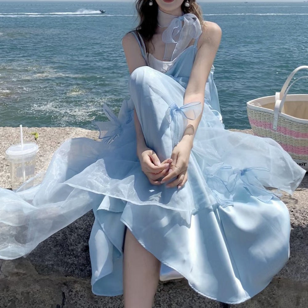 Double-Layered Bow Dress Sweet Seaside Holiday Dress 2024 New