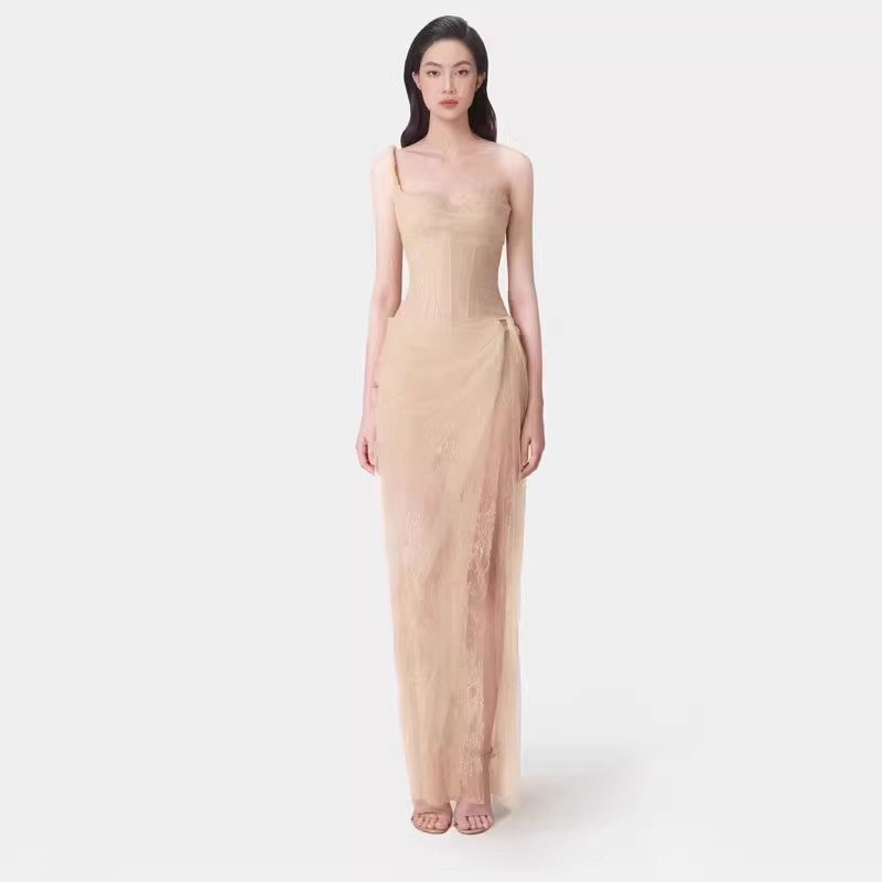 2025 Summer Light Yarn Slinged Dress Dress Dress Salt Mesh Dress Seaside