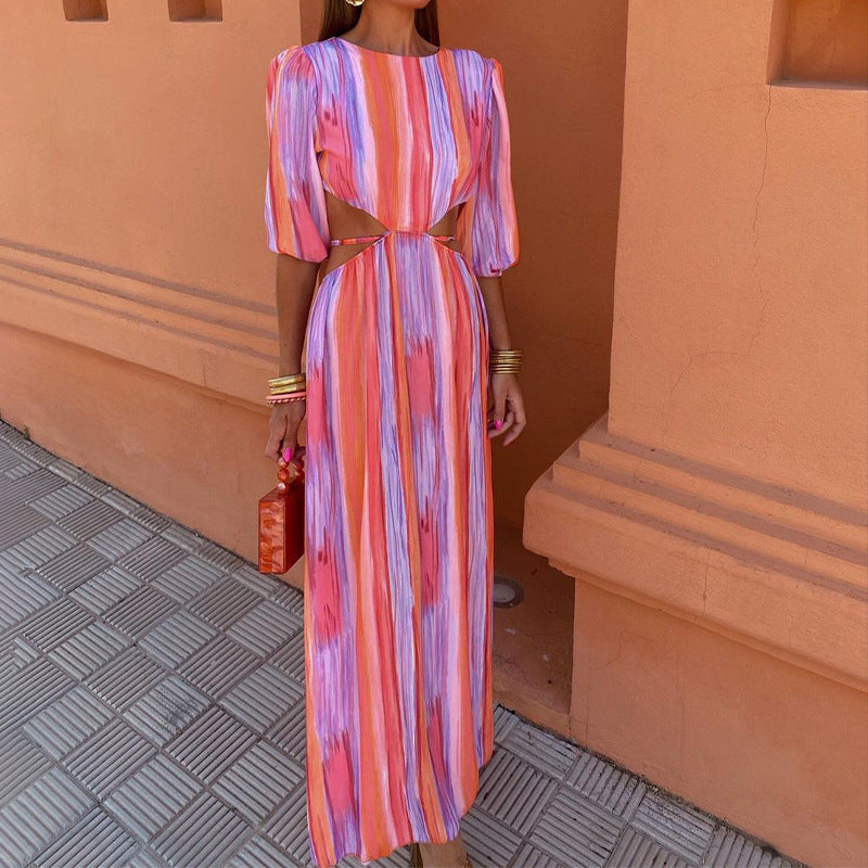 Women's Summer Collar Half-Sleeved Back Strap Sexy High-Waist Tie Dye Dress