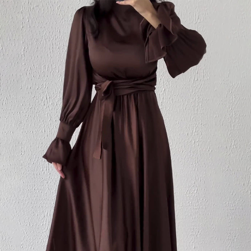 Long-Sleeved Lotus Leaf Cuffed Belt Waist-Repaired Penetted Joint Dress