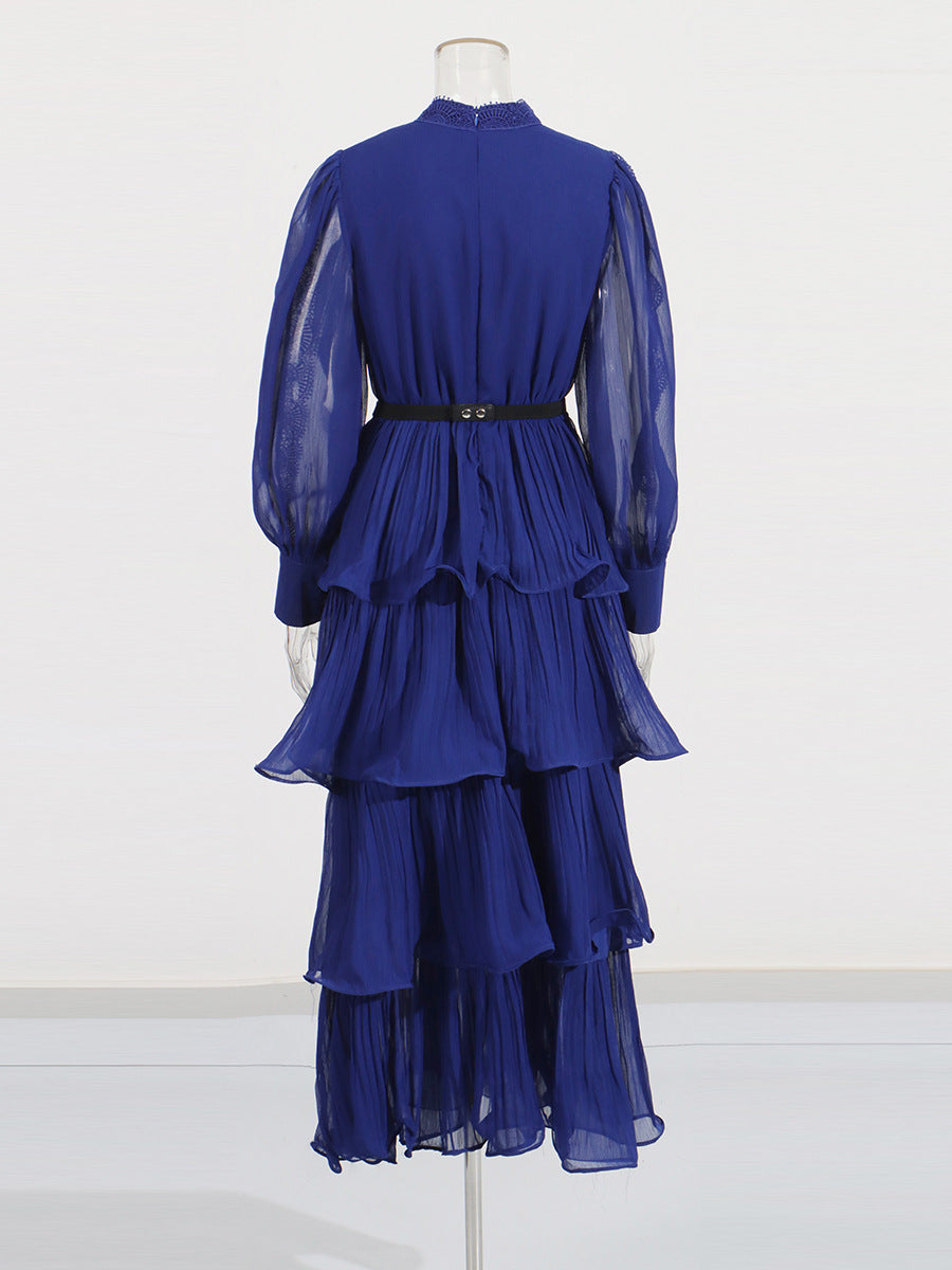Lotus Leaf-Side Dress Spring 2025 New Temperament Elegant Embroidered Design Belt Long-Sleeved Dress
