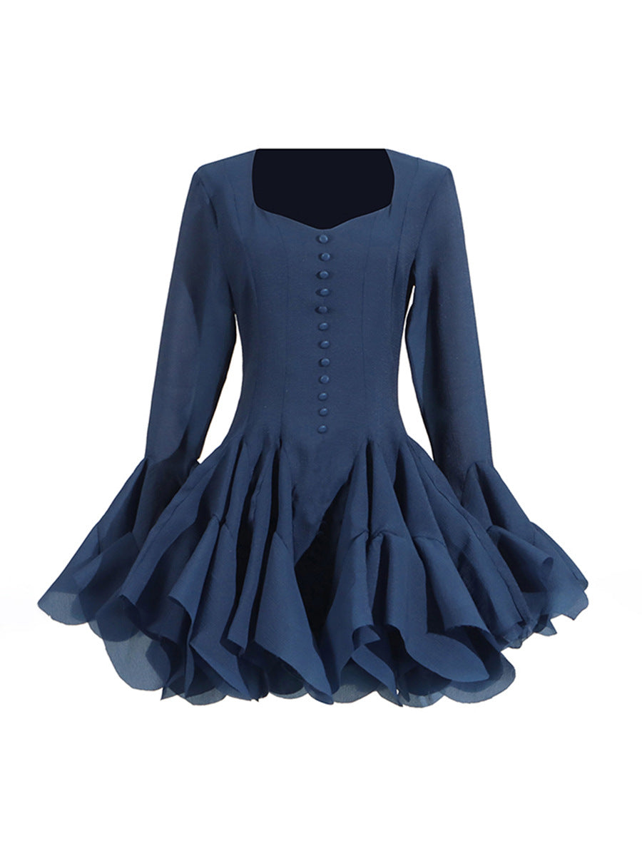 Fairy Dress 2025 New Square Collar Single Buckle Lotus Side Horn Sleeve Short Dress
