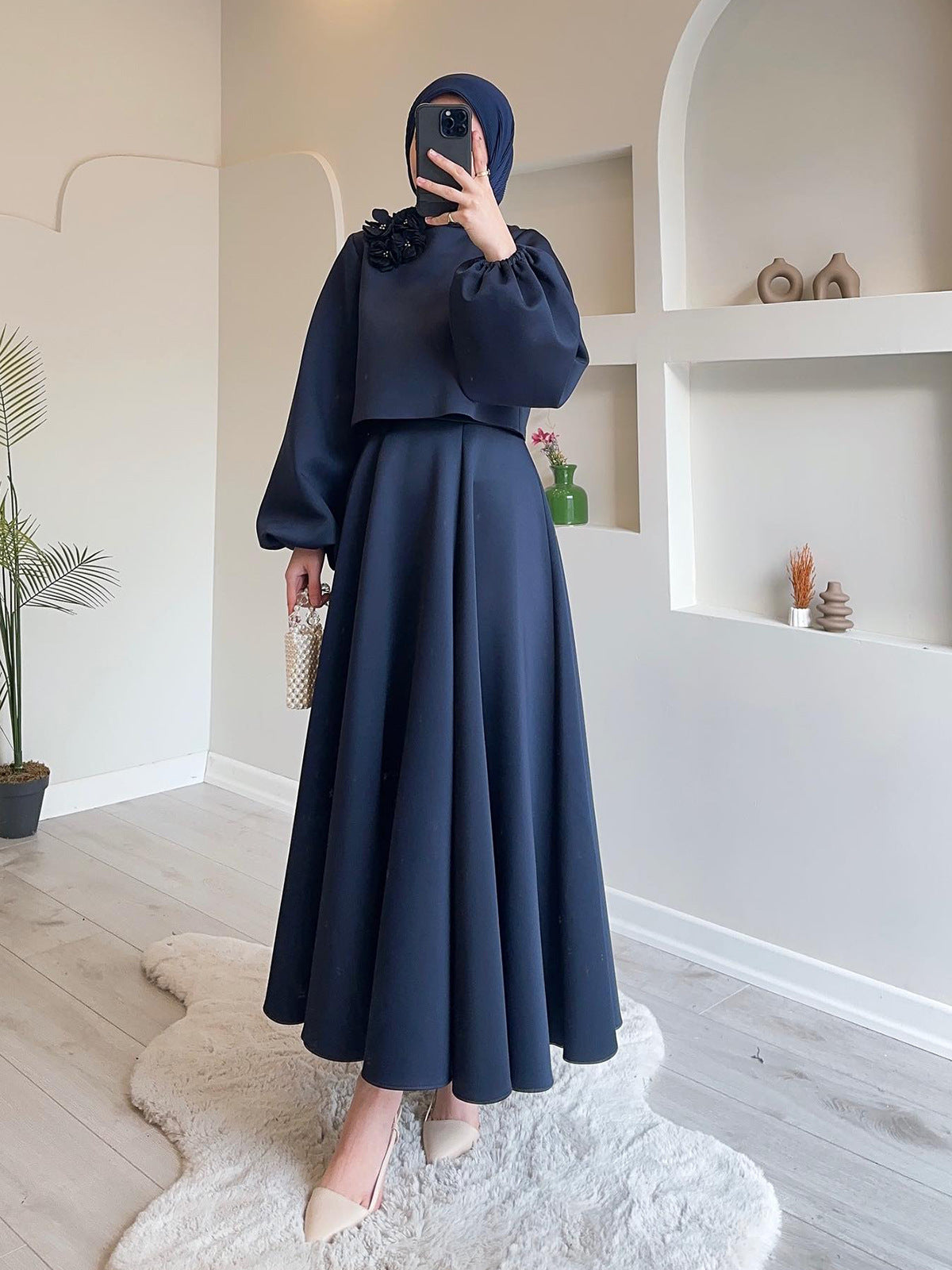 2024 New Middle East Dubai Flower Lantern Sleeve Loose Dress Dress Dress Suit Two Sets