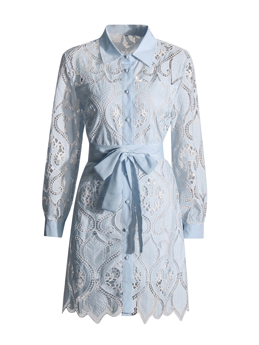 French Retro Embroidered Short Dress 2025 Summer New Collar Long Sleeves To Close The Waist Irregular Dress Woman