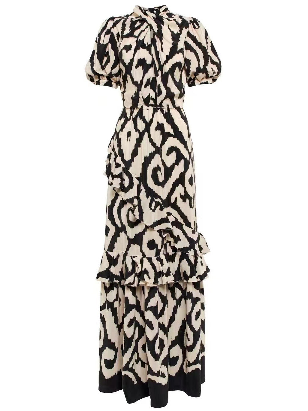 Niche 2025 Autumn New Scarf Neckline Short-Sleeved Lotus Side Splicing Print To Collect Waist Long Dress Dress Woman