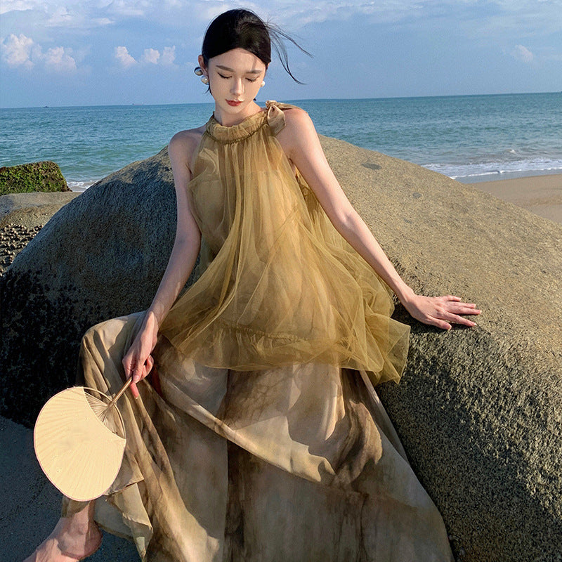 New Temperament Hanging Neck Dye Chiffon Skirt Fake Two Holiday Dress Summer