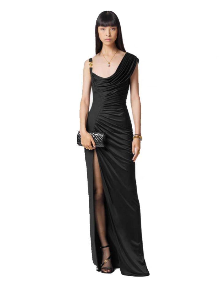 Luth Star Of The Same 2024 Summer Famous Temperament Folded Asymmetrical Shoulder Opening Black Dress Dress