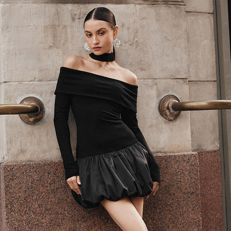 Women's New Word Collar Shoulder Long Sleeve Splicing Floral Skirt DJPT