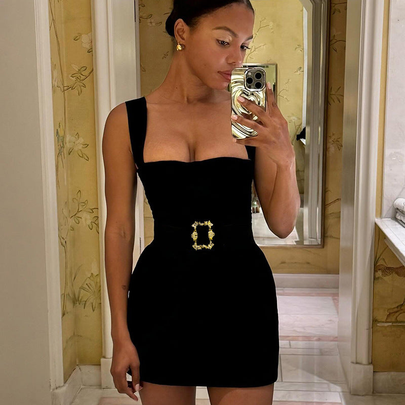 Summer 2025 New Sexy Bag Evening Dress Fashion Style Metal Accessory Vest Dress Woman DJPT