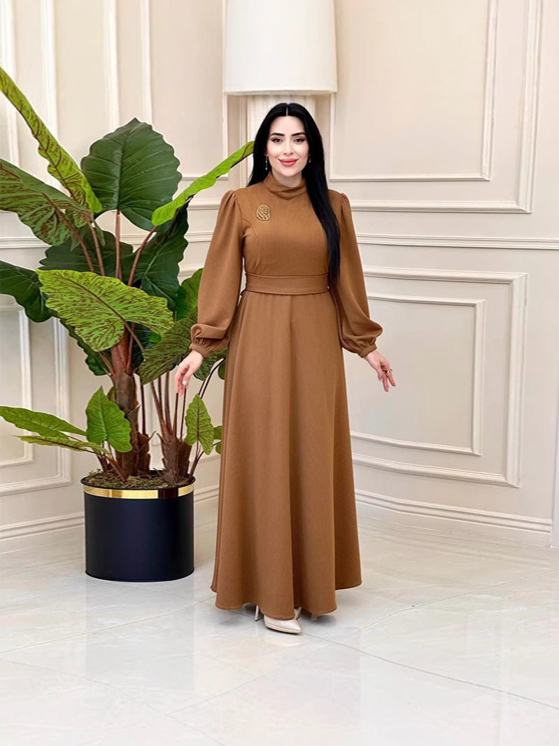 Muslim Solid-Colored Belt-Lending Dress Woman In Autumn 2024