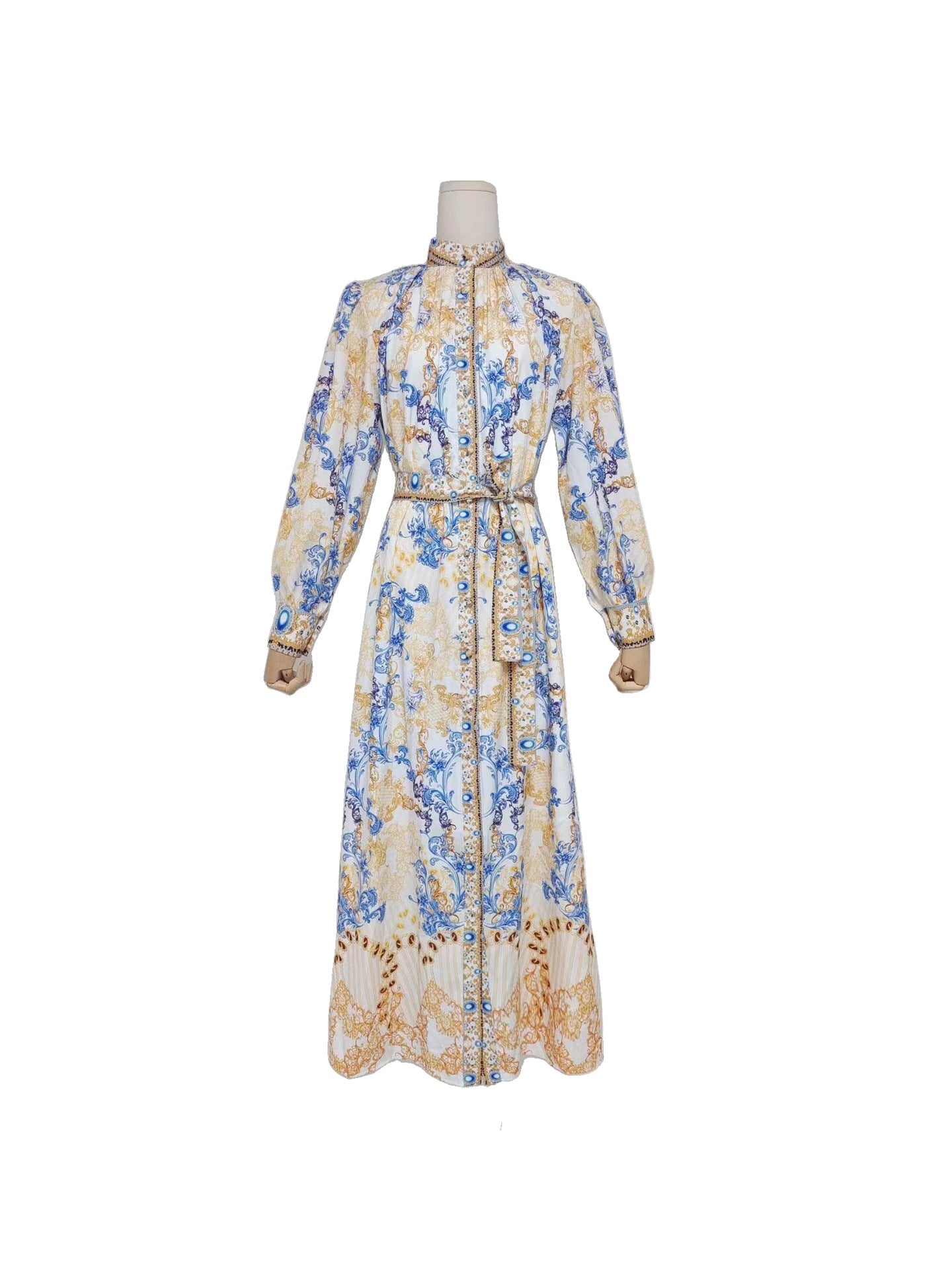 Famous Wind High-End Printing Small Collar Single Buckle Collar Buckle With Waist Long Dress