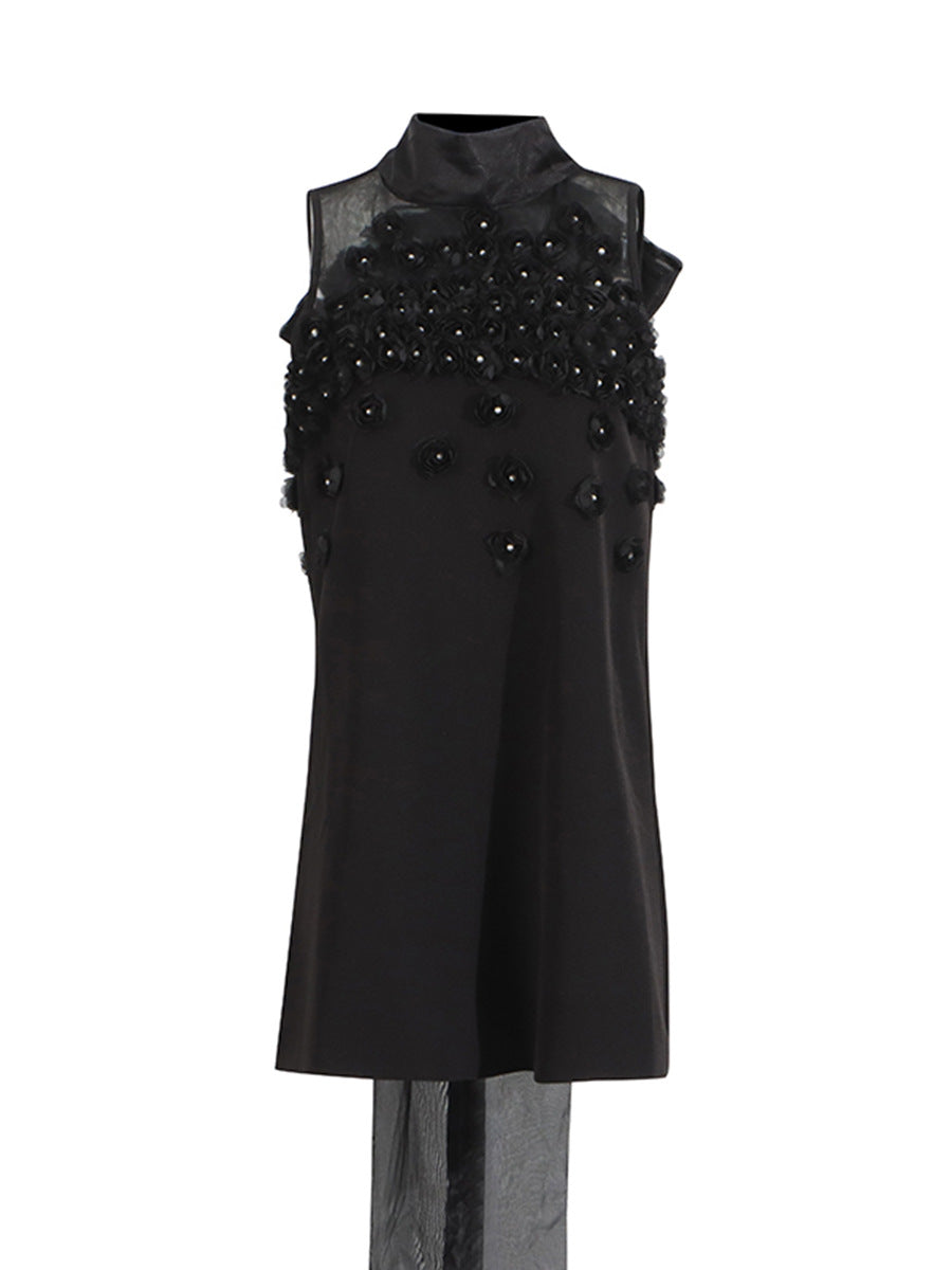 Temperament Sexy Wind 2025 Summer New Mesh Splicing Flowers Decorated Nails Sleeveless Tidal Dress