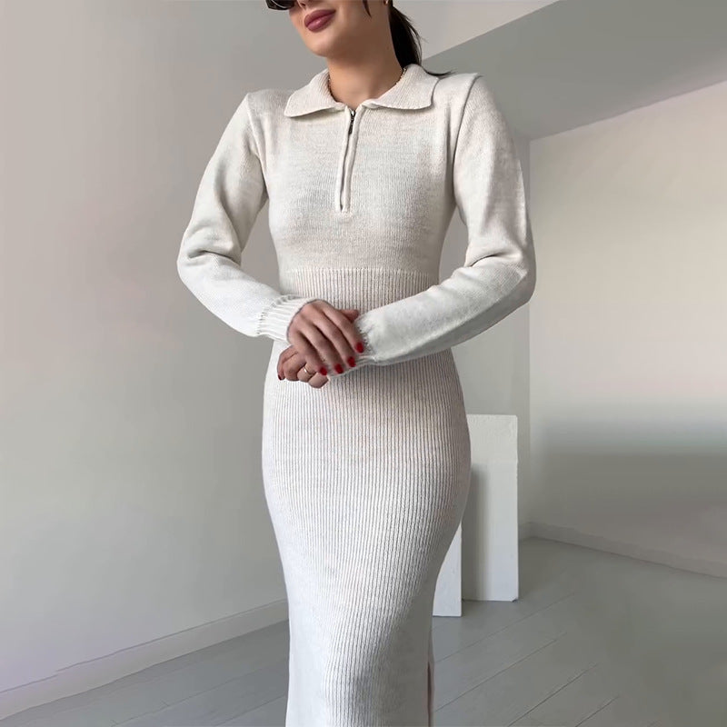 Women's Clothing 2024 Autumn New POPL Collar Zipper Long-Sleeved Ass Dress Women