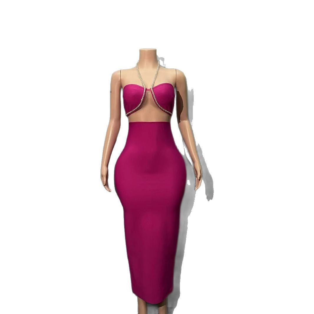 A Diamond Chain Hanging Neck Dress Sexy Breast-Wearing Hips Women's Bandage Evening Dress