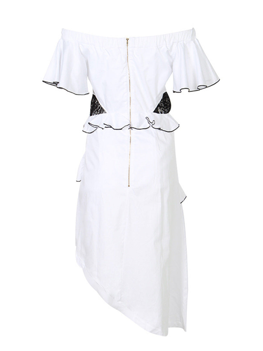 Temperament Dress Women's Dress 2025 Spring New Word-Collar Irregular Lace Splicing Beautiful White Dress