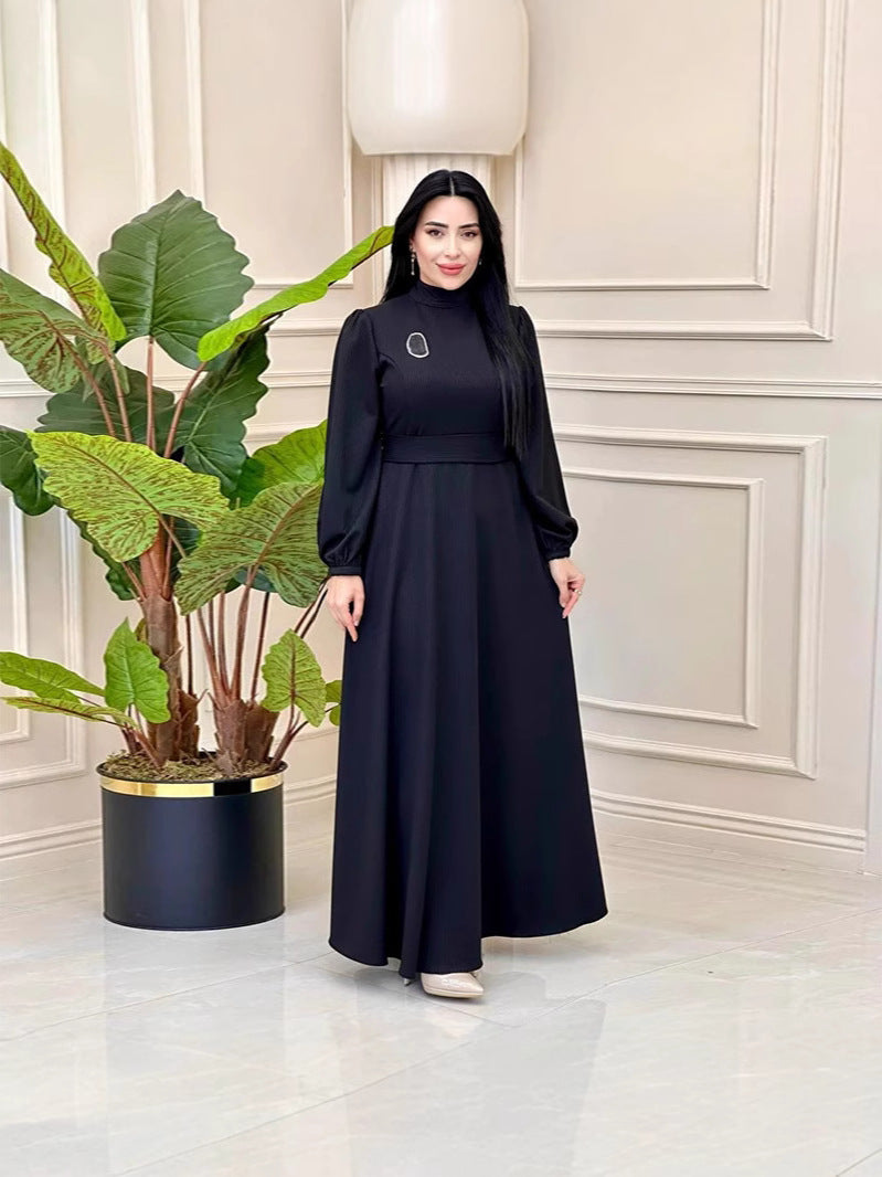 Muslim Solid-Colored Belt-Lending Dress Woman In Autumn 2024