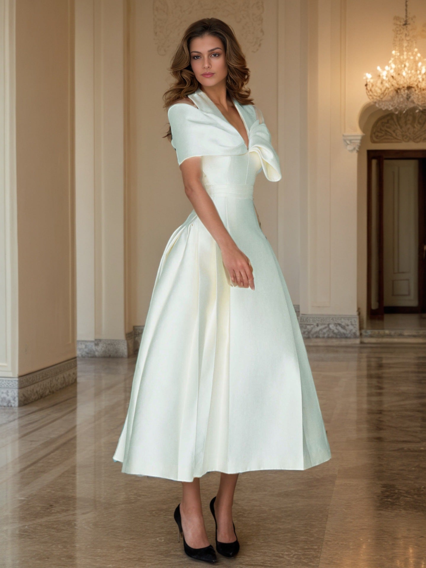 High-End Sense Court Style Retro 2025 Summer New Medium-Long V-Neck Short Sleeves To Close Waist Solid Color Dress Woman