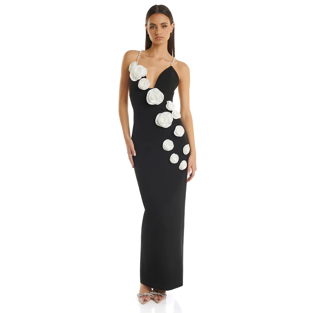 New Pearl Sling Banding Skirt Sexy Dew Fashion Flower Long Dress Dress Dress