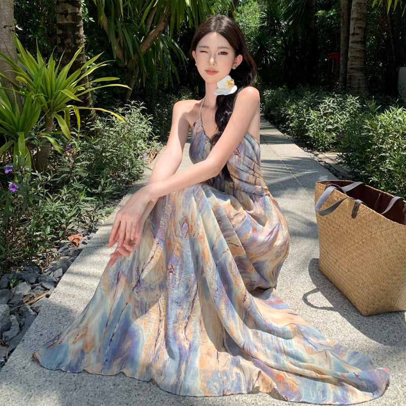 Retro Oil Painting Smashed Flowers To Take The Sling Dress To The Waist Dress Seaside Holiday Showback Beach Dress Woman