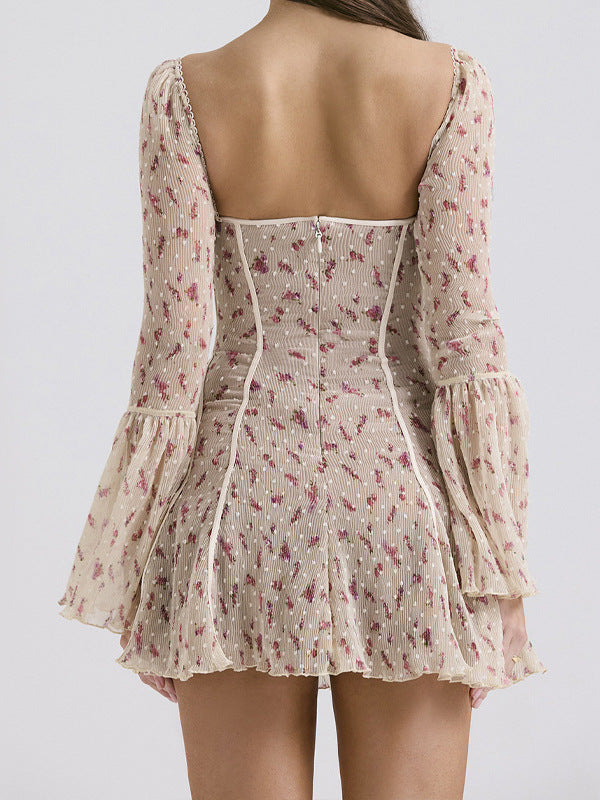 Lace New French Lightweight Heavyweight Short Dress Horn Sleeve Fish Bone Printed Dress Sexy Spice Girl HZ0628