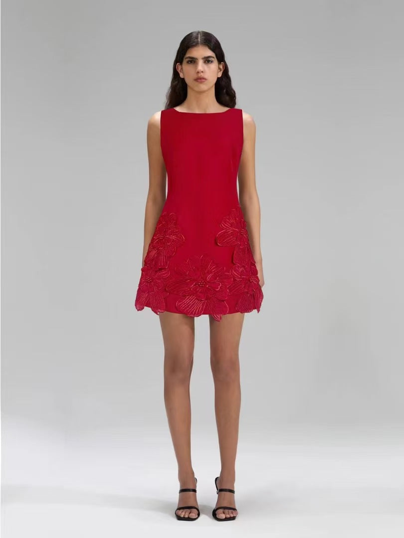 Dress 2025 Summer Banquet Stylish Elegant Round-Neck Three-Dimensional Flowers Sleeveless A-Shaped Dress Skirt