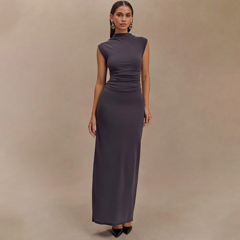 2025 New Solid Colorless Sleeveless Ruffed Zipper Bag Tug Of The Noise Dress