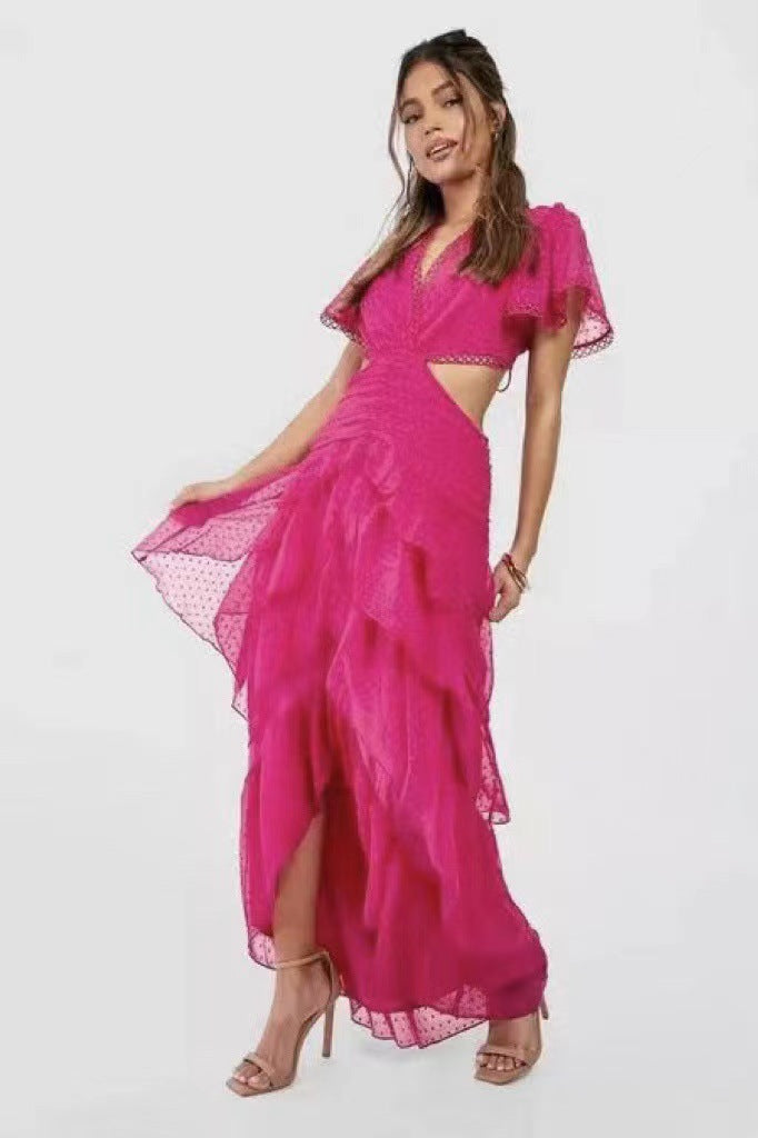 Niche 2025 Spring And Autumn V-Necked Lotus Leaf Side Splicing Skirt Sexy Loaf Long Dress Woman