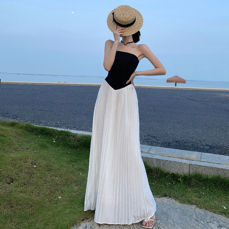 Temperament Sexy Shoulder Dress Women Summer New Beach Vacation Bra Splicing 100 Folds
