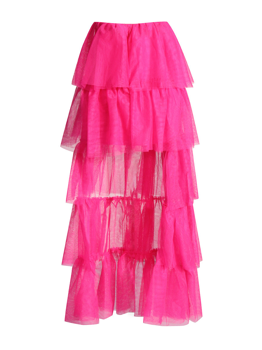 Personality Style 2025 New Mesh Splicing Before The Short After Long Cake Pony Skirt Dress