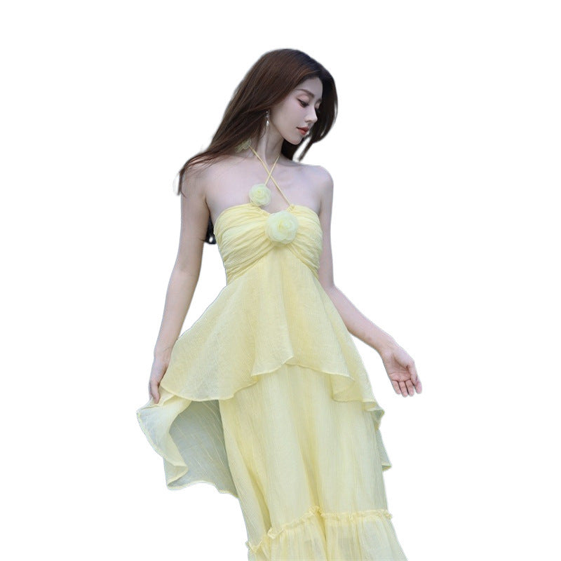 New Niche Design High-End Tea Break French Seaside Holiday Yellow Hanging Neck Dress