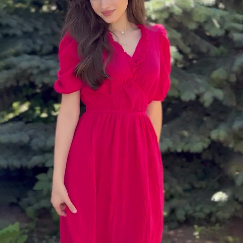 Women's New French Tea Rests On The Beautiful Solid Color Waist Temperament Long Skirt